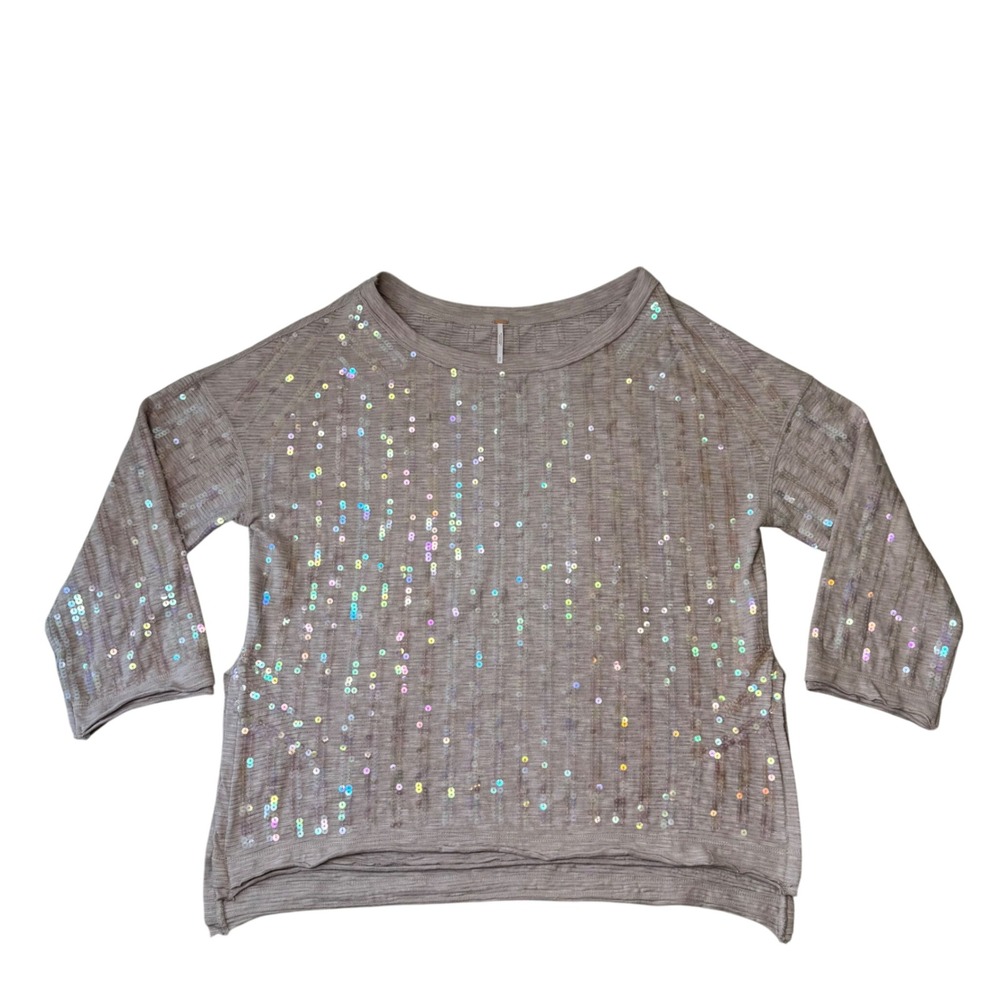 Free People Sequin Sparkle Top Size S Dusty Rose Mauve Oversized Iridescent